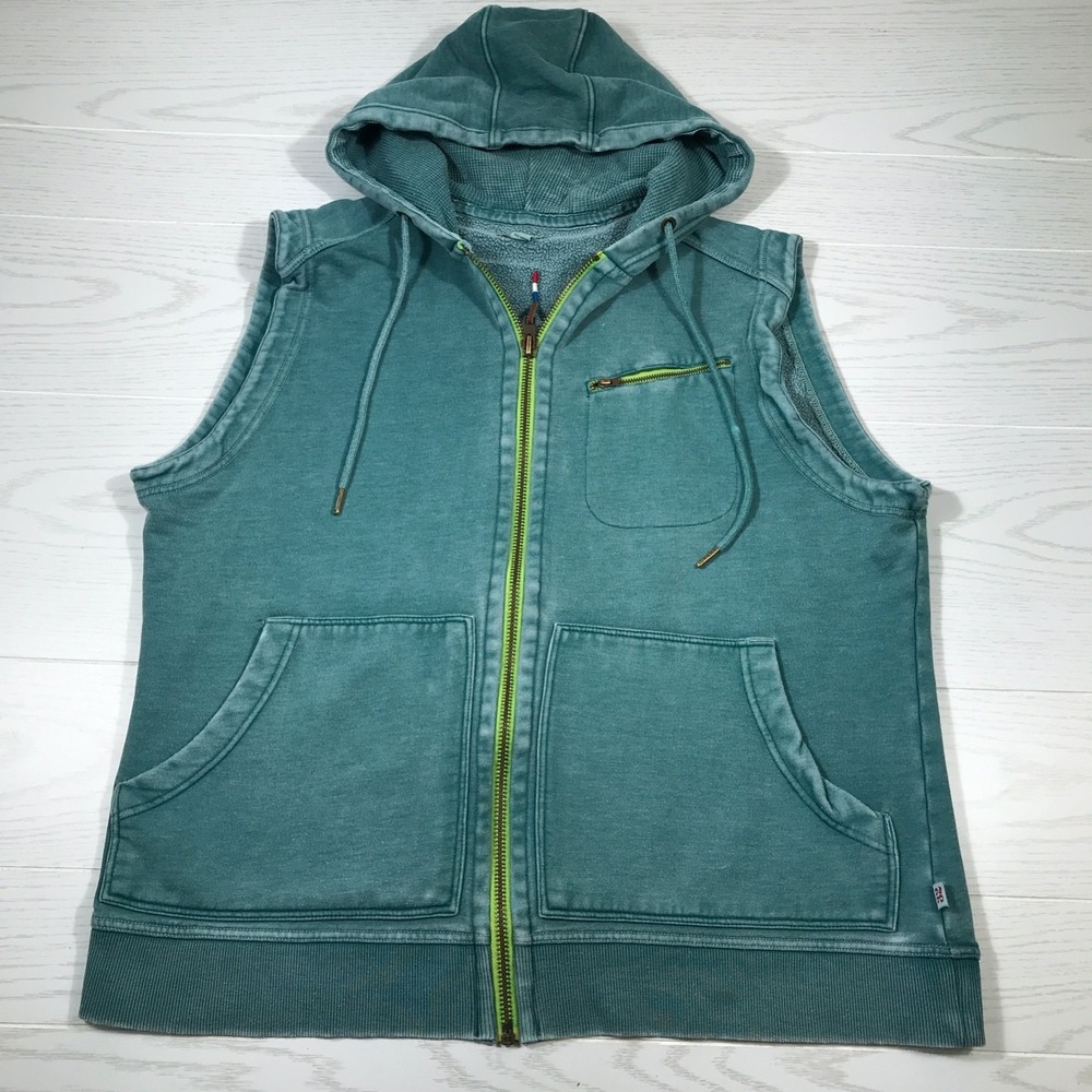 32 Bar Blues Sleeveless Hoodie Vest Men XL Green Vintage Wash Zip Up Sweatshirt